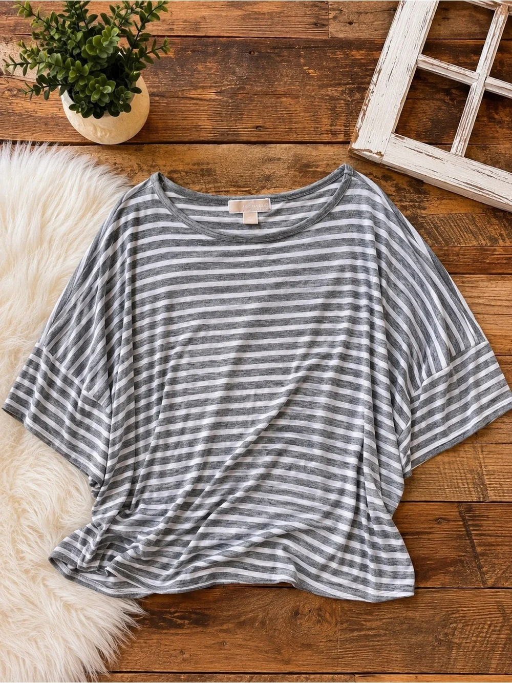 MICHAEL Michael Kors Gray White Striped Oversized Dolman Sleeve Top S
